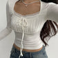 Ruched Tie Lace Trim Square Collar Slim Long Sleeve White Y2K T Shirt Women Cute Japanese Kawaii Clothing