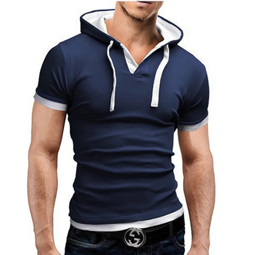 Men's Slim Fitness Hooded Short-Sleeved Tees Male Camisa Masculina Sportswer T-Shirt Slim Tshirt Homme 3XL