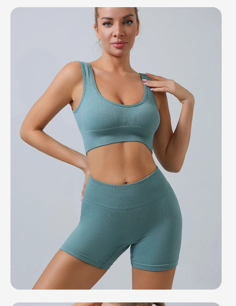 Ribbed Seamless Sport Set Women Crop Top Bra Leggings Shorts Yoga Set Sportsuit Wear Workout Outfit Fitness Gym Clothes