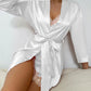 Solid Satin Pajama Set Long Sleeve Robe With Belt & Contrast Lace V Neck Slip Dress Women's Sleepwear