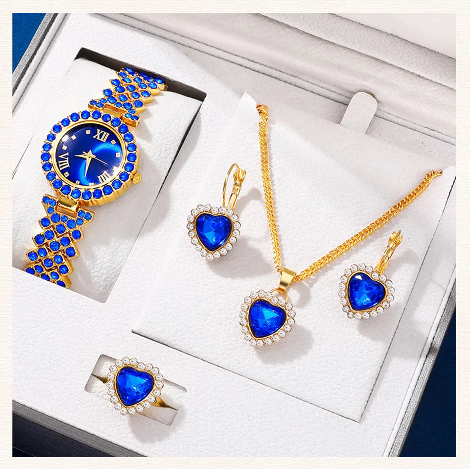 New Luxury Watch Women Necklace Earring Blue Rhinestone Fashion Wristwatch Casual Ladies Watches Jewelry Set Relogio Feminino