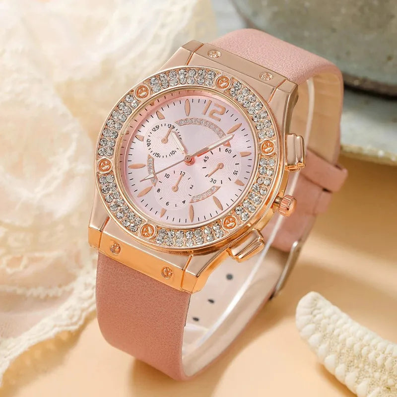 2PCS Set Pink Luxury Rhinestone Watches Women Crystal Quartz Bracelet Watches Wristwatch Ladies Dress Wristwatch Clock Relogio