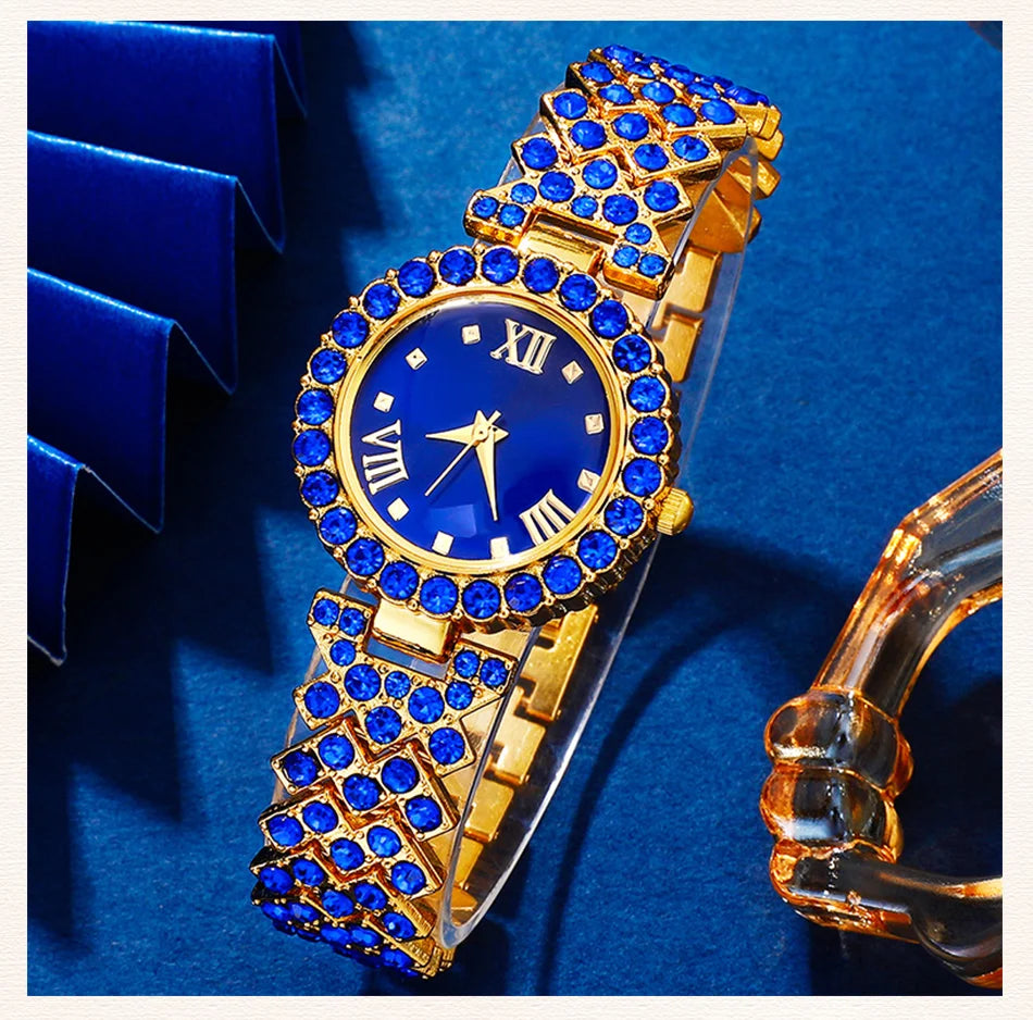 New Luxury Watch Women Necklace Earring Blue Rhinestone Fashion Wristwatch Casual Ladies Watches Jewelry Set Relogio Feminino