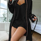 Simple Satin Pajama Set Long Sleeve Belted Robe  V Neck Cami Top And Shorts Women's Sleepwear