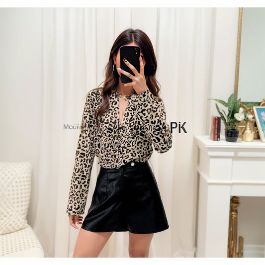 Fashion Leopard Print Cut-out Long Sleeve Hem Shirt