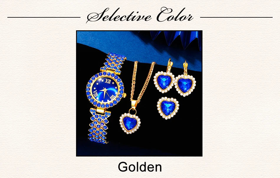 New Luxury Watch Women Necklace Earring Blue Rhinestone Fashion Wristwatch Casual Ladies Watches Jewelry Set Relogio Feminino