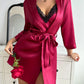 Solid Satin Pajama Set Long Sleeve Robe With Belt & Contrast Lace V Neck Slip Dress Women's Sleepwear