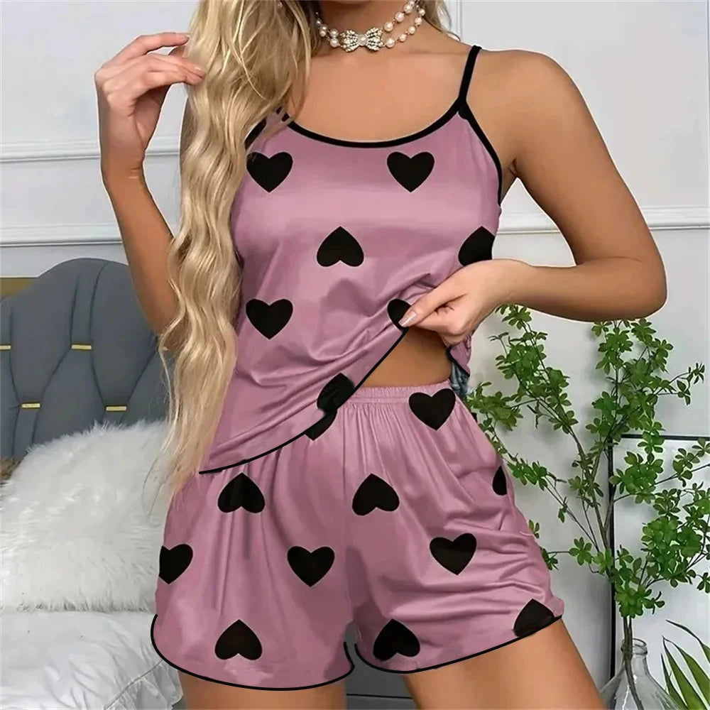 Women's Pajama Set Pajamas T-Shirts Shorts Pink Heart-Shaped Print Round Neck T-Shirt Ice Silk Top Comfortable Casual Summer ﻿