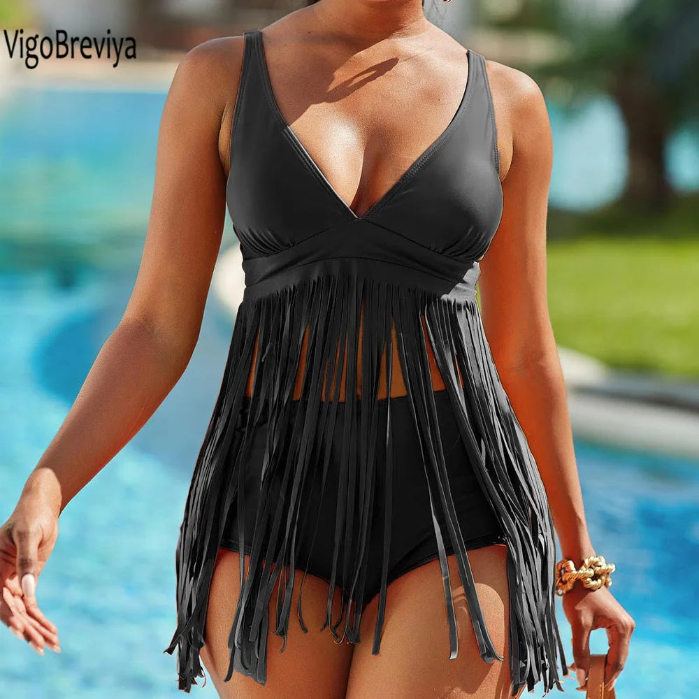 VigoBreviya 2024 Solid V Neck Strapped Tassel Swimwear Women Sexy High Waist Bikini Push UP Swimsuit Summer Beack Bathing Suit