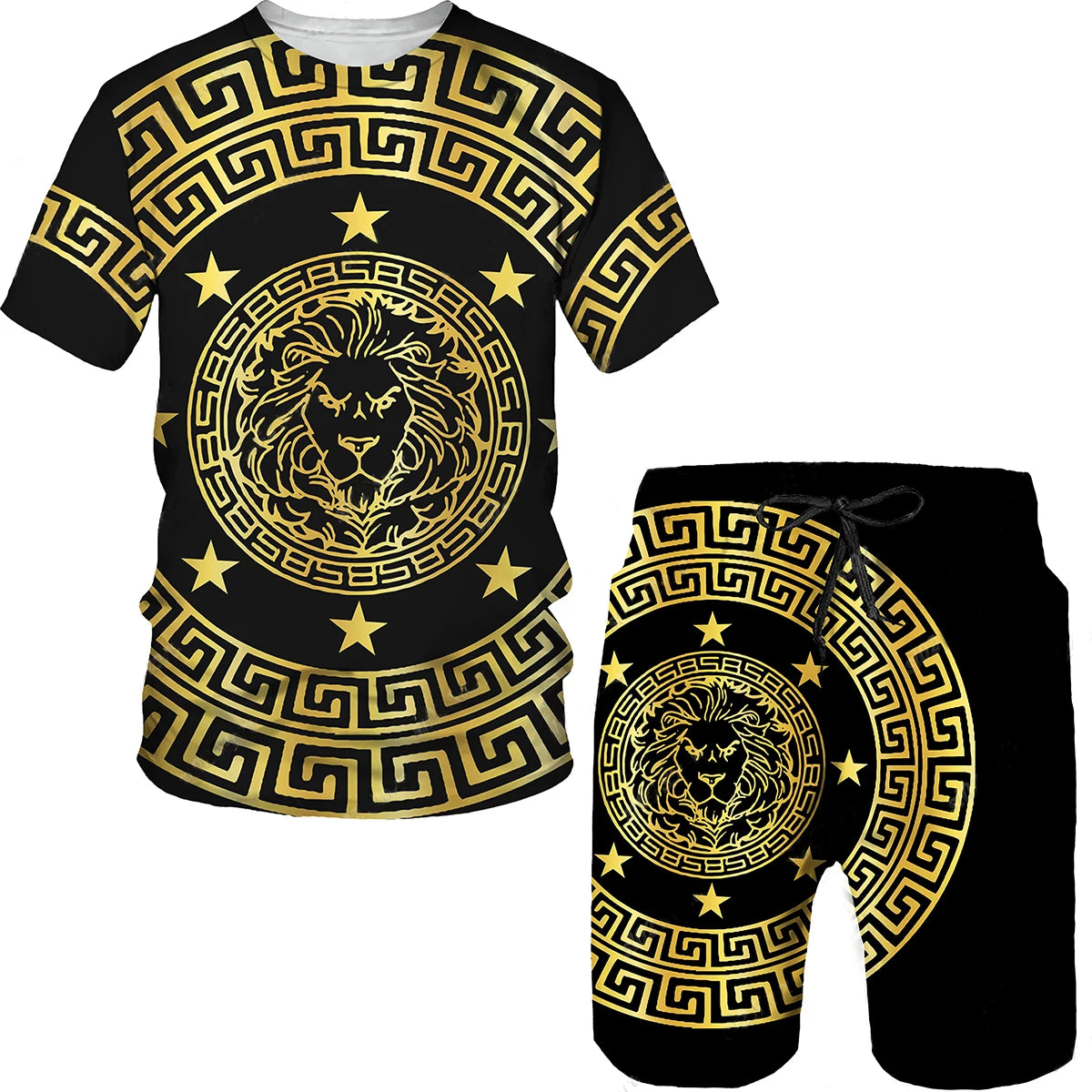 Summer 3D printed T-shirt shorts 2-piece casual men's set pattern men's sports set gold luxurious retro short sleeved set