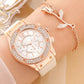 2PCS Set Pink Luxury Rhinestone Watches Women Crystal Quartz Bracelet Watches Wristwatch Ladies Dress Wristwatch Clock Relogio