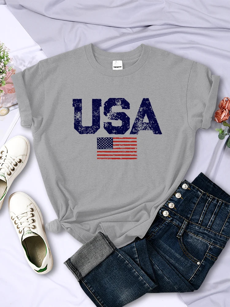 USA Letters American Flag Stars and Stripes Printed Women T-Shirts Street Hip Hop Tee Clothing Summer Breathable Tshirt Female