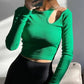 Autumn Winter Ribber Knitted T Shirts Women Green Spring Cut Out White Basic Long Sleeve Crop Tops Casual Tees