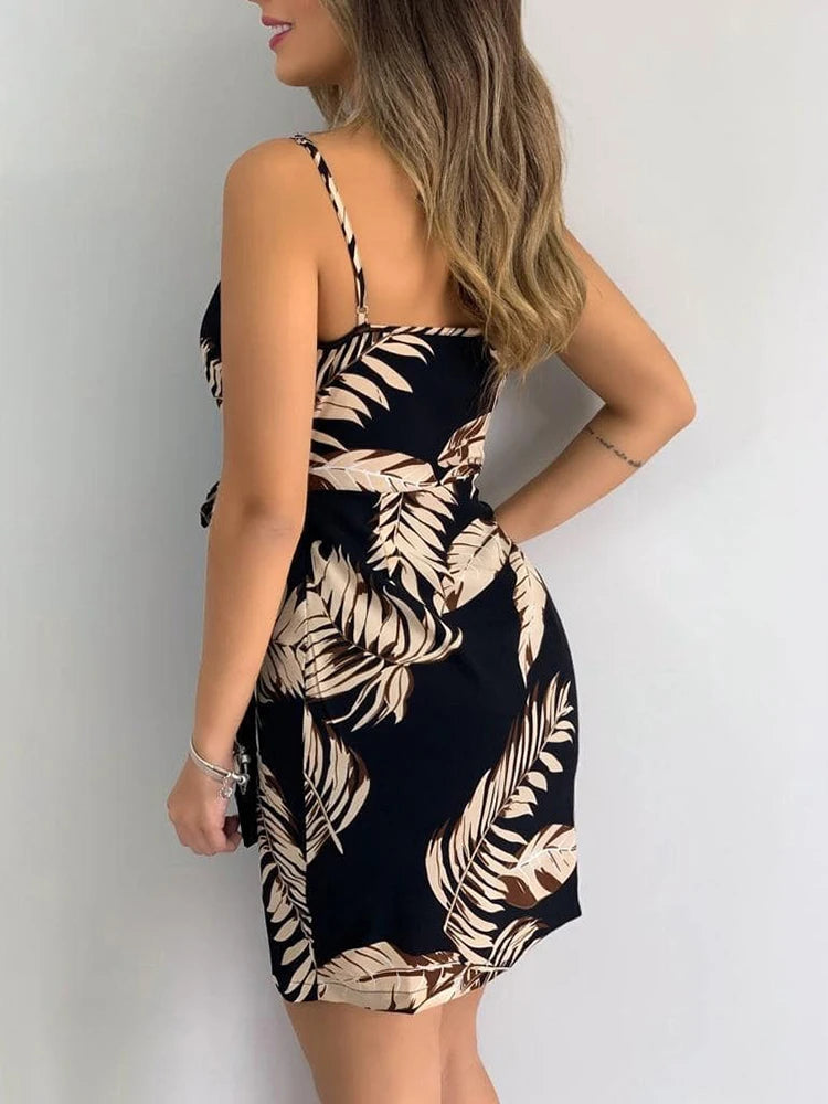 V Neck Leaf Print Mini Dress