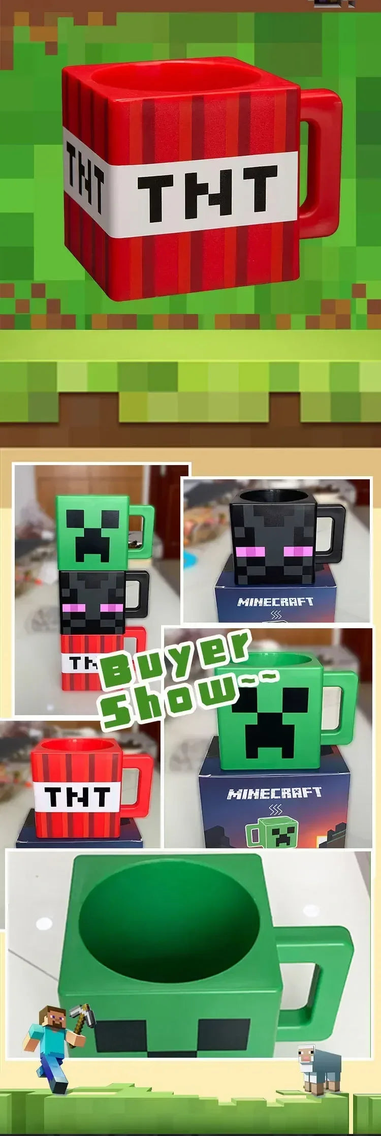 Hot Minecraft 3D Cup 230ml Capacity TNT Cookie Wear Block Grass Pink Pig and Horse  Alex Novelty