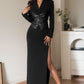 Kliou Sister Tuo Cool Style Black PU Leather Stitching Lapel Dress Women's Tight Waist Slimming Slit Sheath Dress