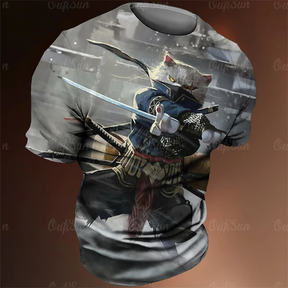 Y2K Samurai Cat Graphic T-Shirts - Men