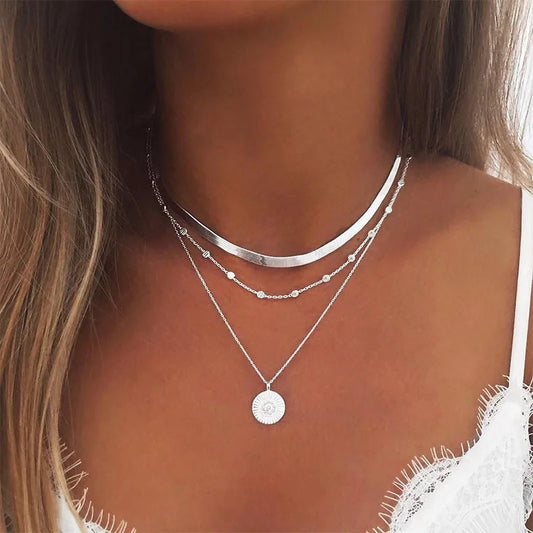 925 Sterling Silver Three-Layer Round Necklace