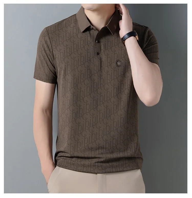 High end brand polo shirt short sleeved men's light luxury embossed top silk cool casual 2024 summer breathable lapel T-shirt