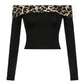 Rockmore Leopard Print Patchwork Crop Top for Women Y2K Aesthetics Of Shoulder Long Sleeve T Shirts Grunge Fairycore Clothes