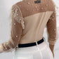 Beaded Sheer Mesh Ruffled Top With Regular Casual And Fashionable O-neck Long Daily Spring Top For Women