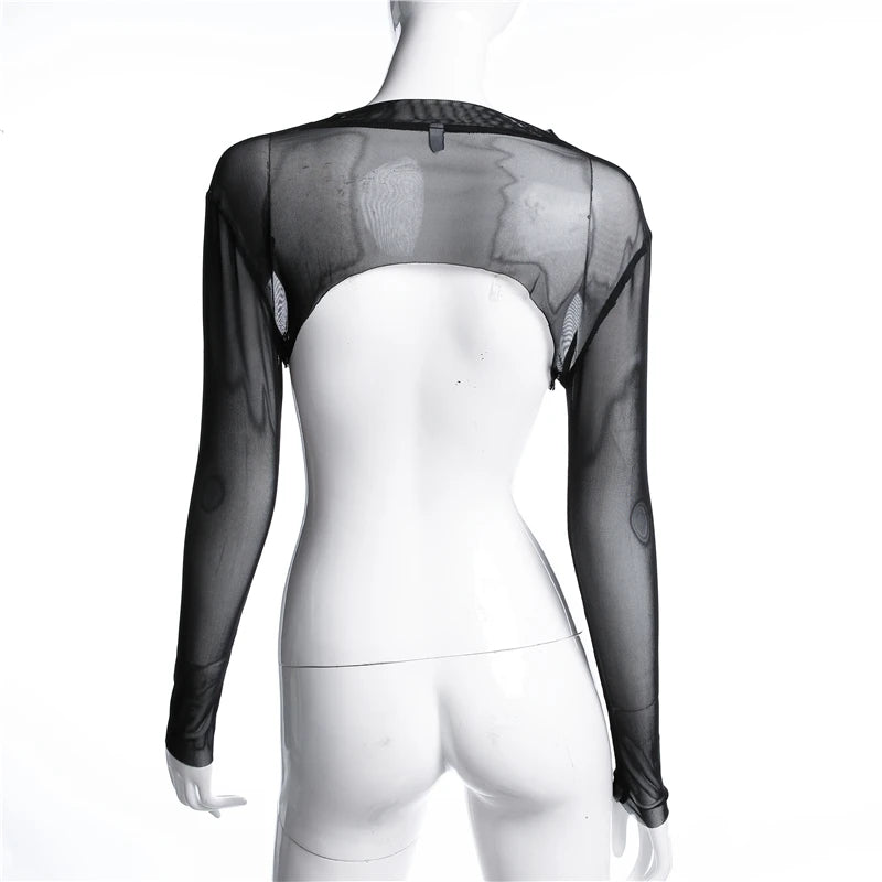 CIBBAR Sexy See Through Mesh Crop Top Casual Black Long Sleeve Transparent Smock Women Club Party T-shirt y2k Streetwear Summer