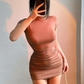 Sexy Tight Half High Collar Pleated Waist Mini Dress Spicy Girls Slim Dresses Bodycon Women Vestidos Cortos Party Mujer Clothing