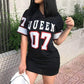 New Fashion V-Neck Queen Letters Print Dress Short Sleeve Football Sporty Style Sexy Loose Female Clothing Streetwear