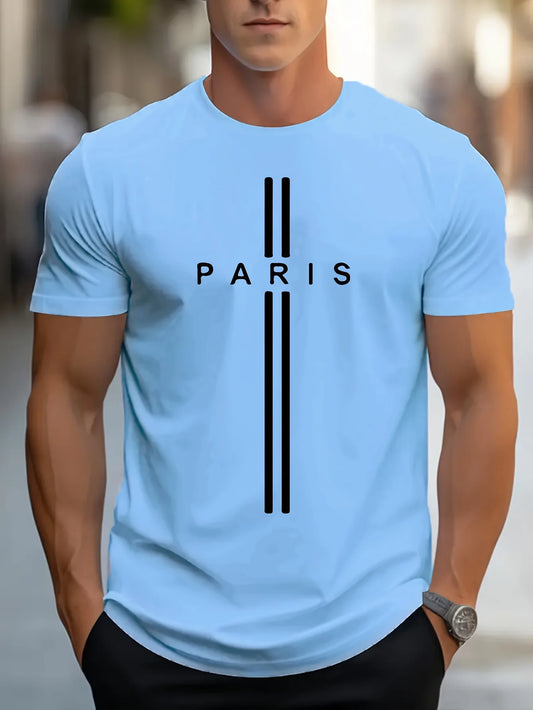 Men's 100% pure cotton summer loose fitting oversized Paris print casual slim fit round neck short sleeved T-shirt top