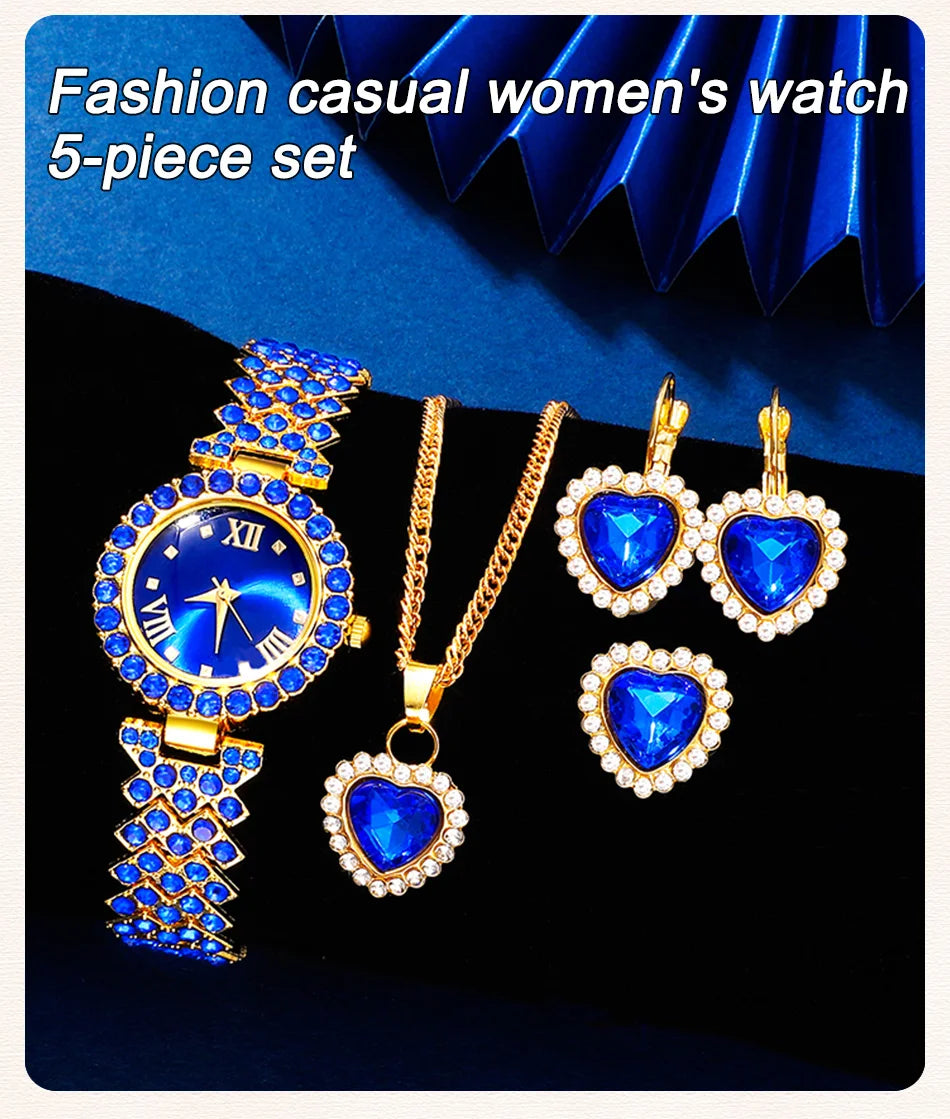 New Luxury Watch Women Necklace Earring Blue Rhinestone Fashion Wristwatch Casual Ladies Watches Jewelry Set Relogio Feminino