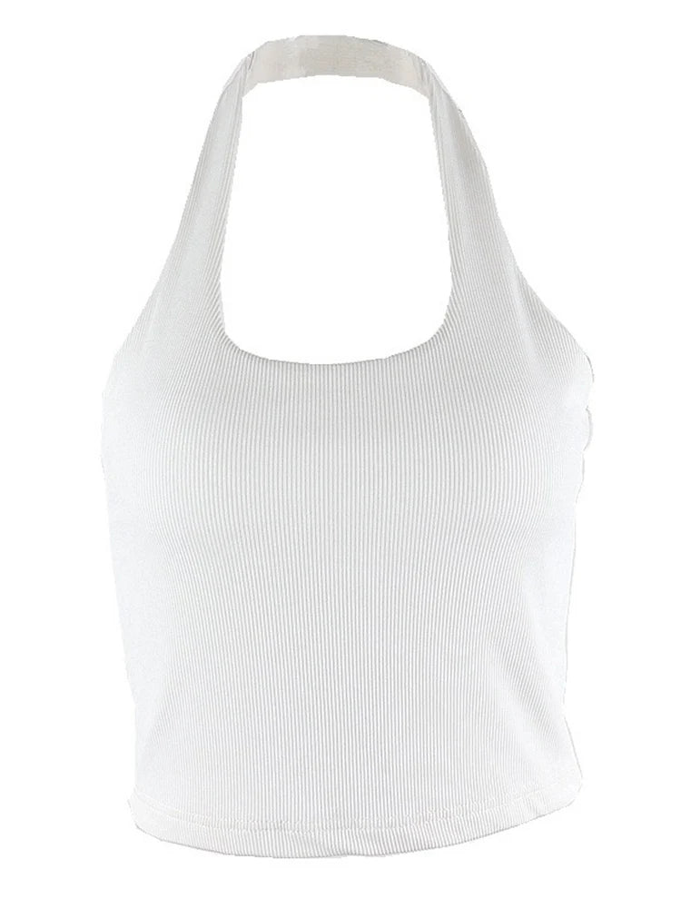 White Halter Sexy Backless Tank Tops for Women Streetwear 2023 Sleeveless Ribbed Knit Vest Top Cropped Feminino