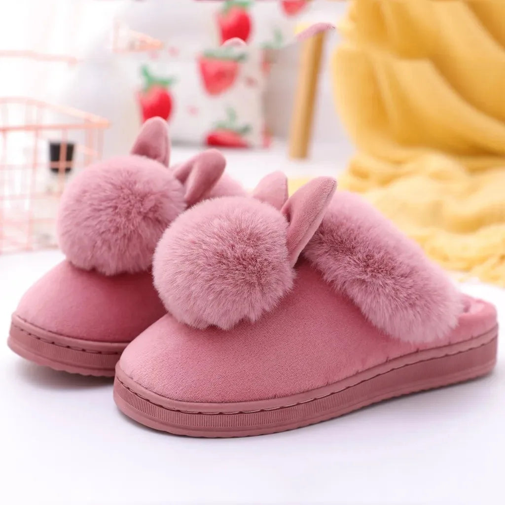 Winter Warm Home Fur Slippers Womens Indoor Home Rabbit Shoe Furry Ears Footwear Indoor Bedroom Flat Heels Fluffy Slippers Shoes