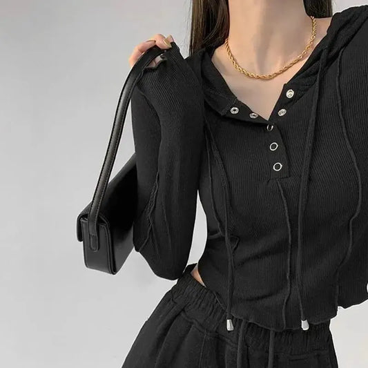 Rimocy Hooded Button Up Lady Crop Top Women Biaby Button Up Women Summer Spring Slim Fit Long Sleeve Y2K Streetwear Wild Elastic