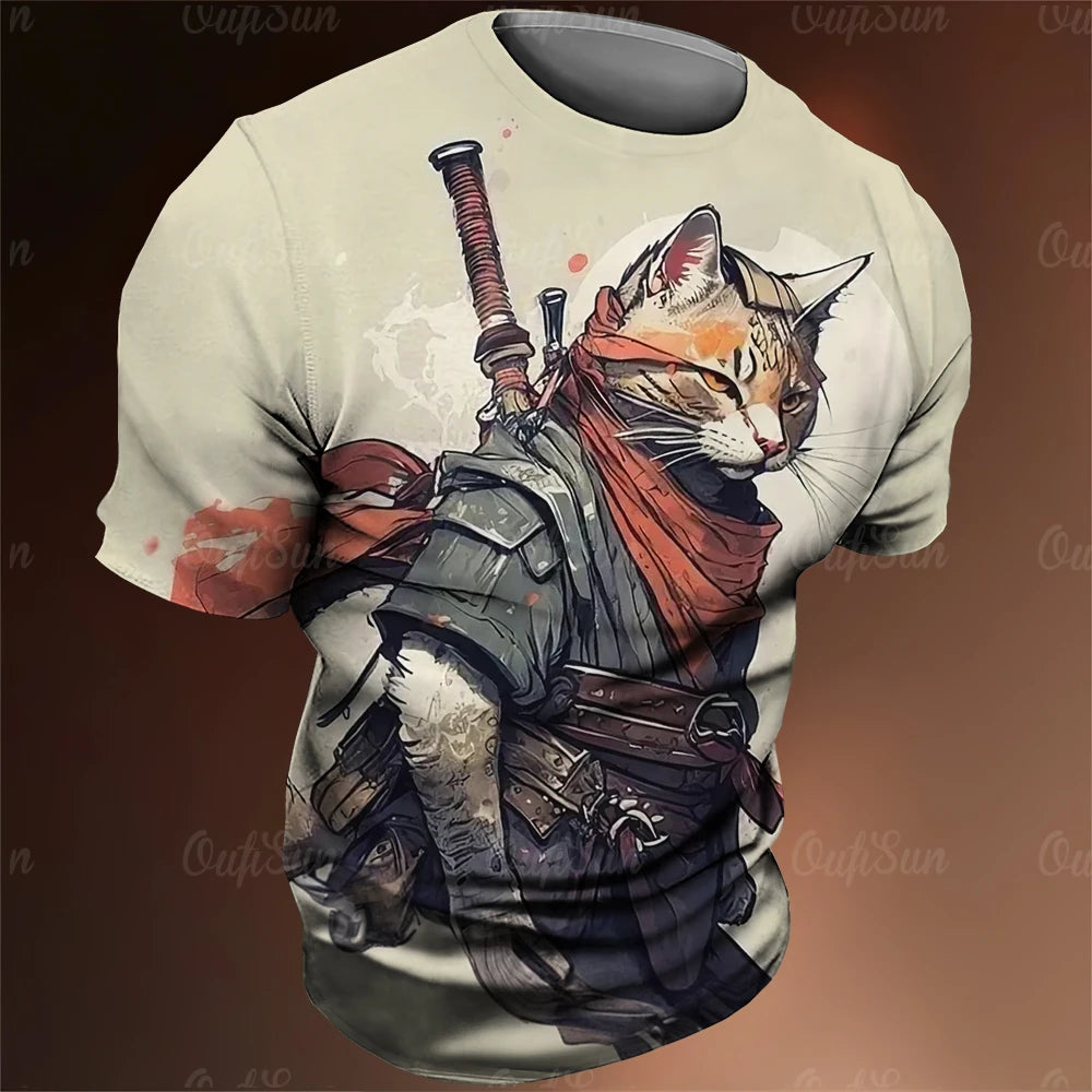 Y2K Samurai Cat Graphic T-Shirts - Men