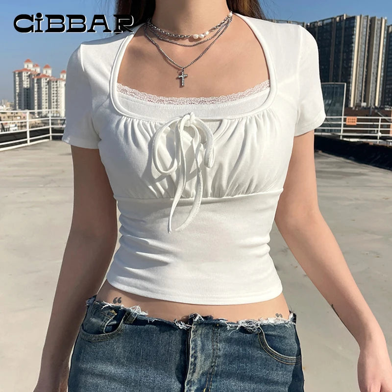 CIBBAR White Stitched Crop Top Women Casual Vintage Fake Two-piece Lace Patchwork Short Sleeve T Shirt y2k Summer Tees Aesthetic