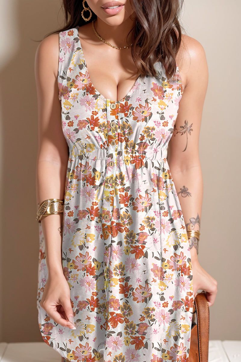 Summer Slim-Waist Floral Print Sleeveless Dress