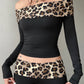 Rockmore Leopard Print Patchwork Crop Top for Women Y2K Aesthetics Of Shoulder Long Sleeve T Shirts Grunge Fairycore Clothes