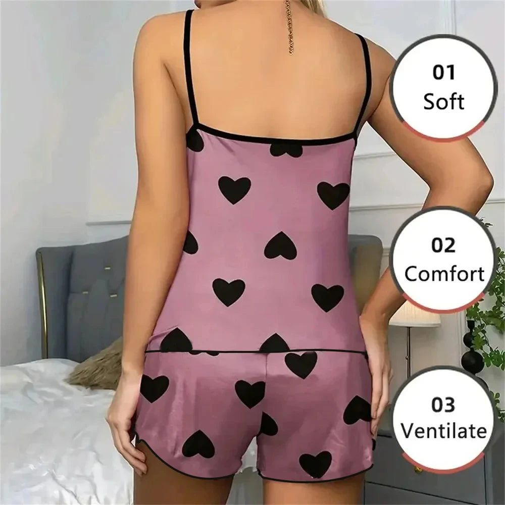 Women's Pajama Set Pajamas T-Shirts Shorts Pink Heart-Shaped Print Round Neck T-Shirt Ice Silk Top Comfortable Casual Summer ﻿