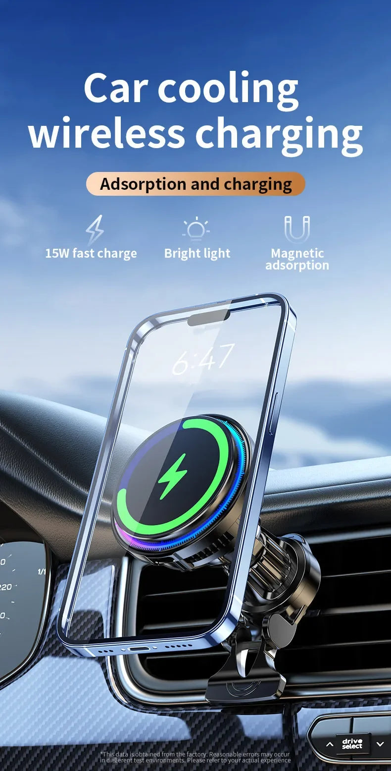 15W Ice Cooling Magnetic Wireless Car Charger Fast Charging Station For iPhone 15 14 13 Pro Max MacSafe Car Phone Holder Stand