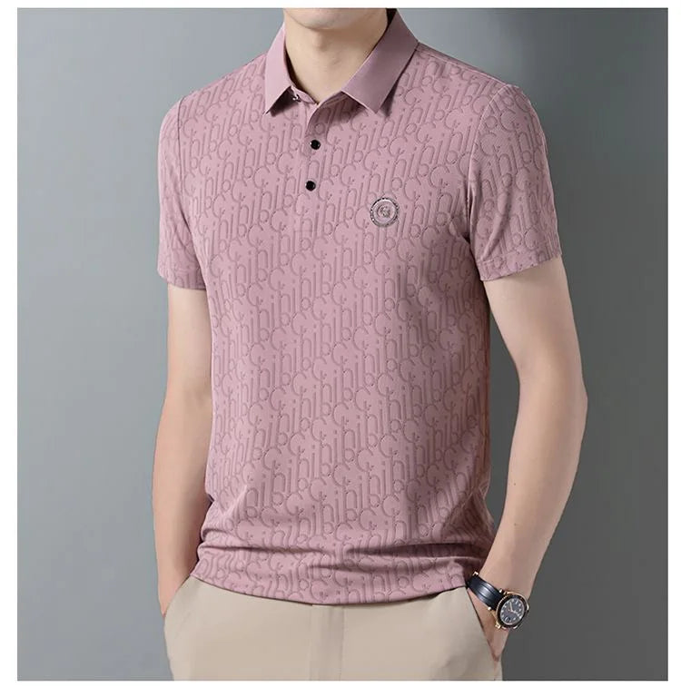 High end brand polo shirt short sleeved men's light luxury embossed top silk cool casual 2024 summer breathable lapel T-shirt