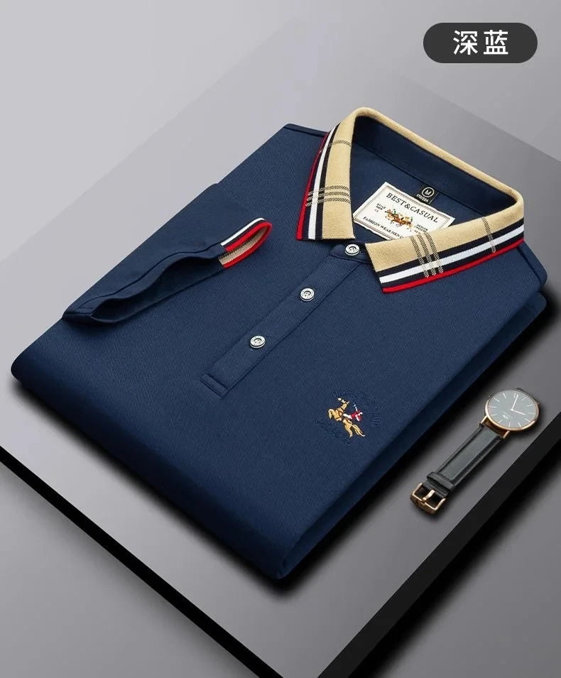 High end mercerized cotton lapel color matching short sleeve polo shirt Men's 2023 popular brand embroidery casual Paul T-shirt