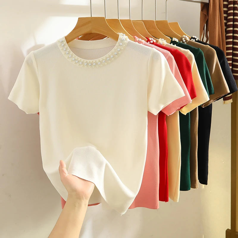 Korea Knitted T-shirt Women Top Solid Tank Y2K Summer New Fashion Female Sleeveless Beading Casual Thin Tops Black White