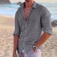 New Men's Shirt Cotton linen Fashion Casual Polo Neck Beach Shirt Long Sleeve Solid Hawaiian Holiday Shirts