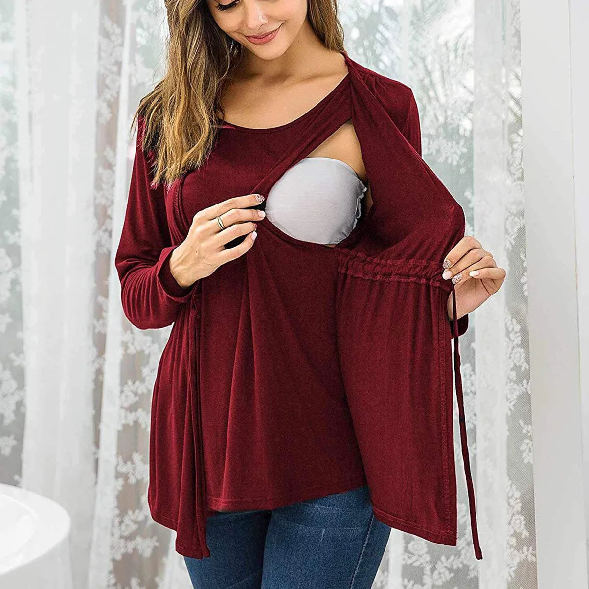 Autumn Winter Long Sleeve Round Neck Fake Two Piece Lace Up Breastfeeding Pregnant Women's Top T-shirt Pregnant Women's Outwear