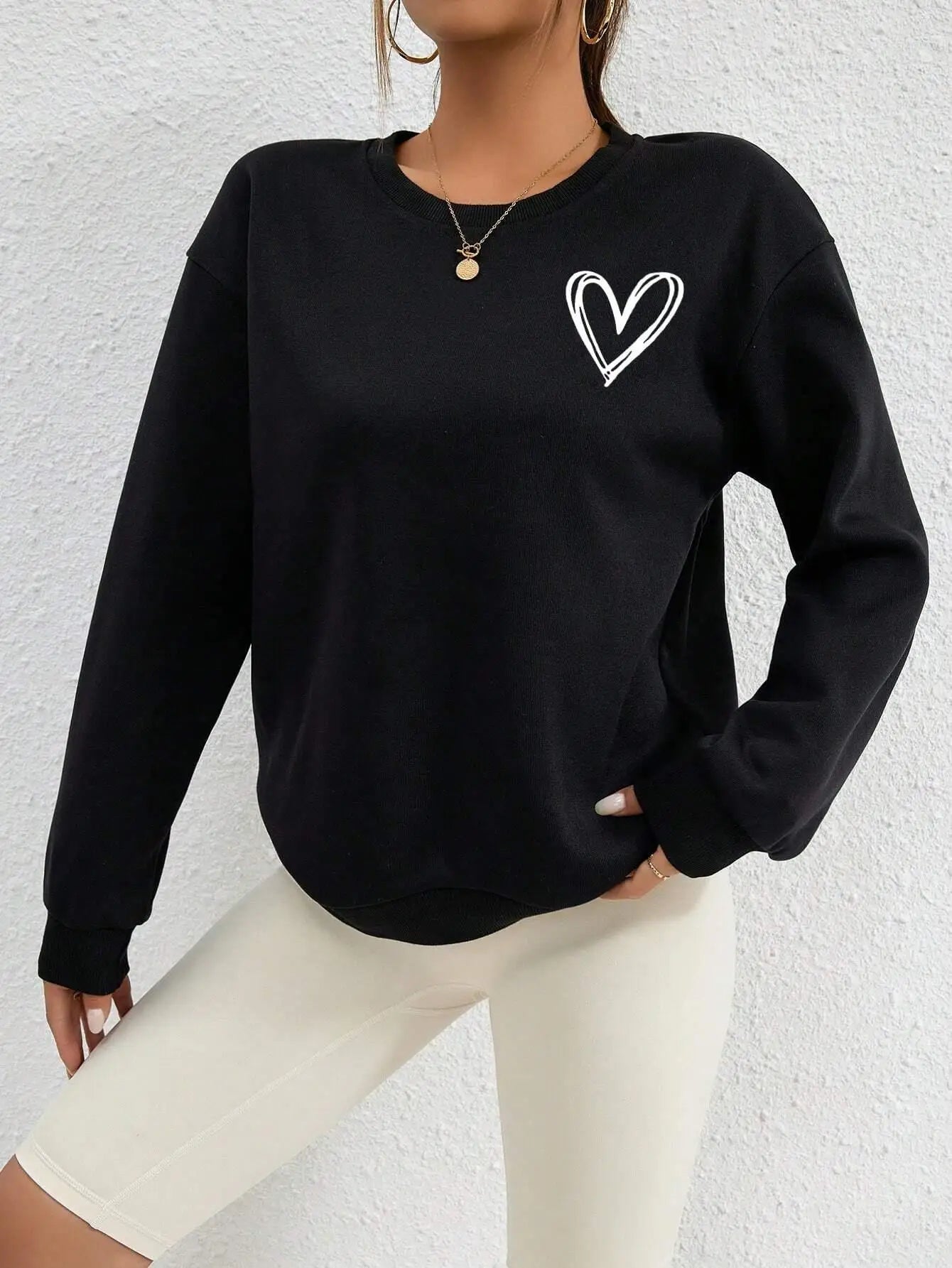 Simple Heart Pattern Printing Sweatshirts For Womens Casual Comfortable Crewneck Hoodies Loose Fleece Warm Sportswear Clothes