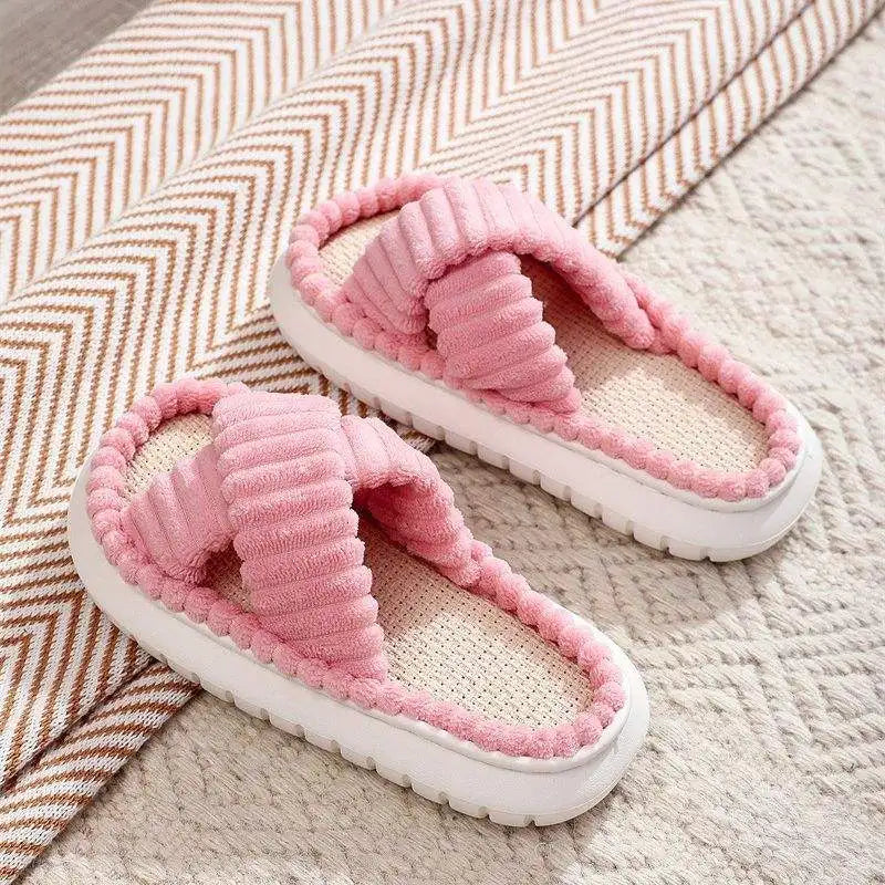 1pc Plus Size Lady Flat Fashion Trend Sweat-Absorbant Anti-Od Open Toe Cross Plush Fluffy Fur Home Slippers for Women