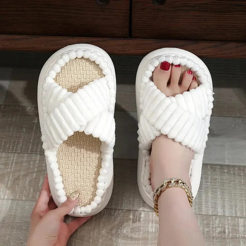 1pc Plus Size Lady Flat Fashion Trend Sweat-Absorbant Anti-Od Open Toe Cross Plush Fluffy Fur Home Slippers for Women