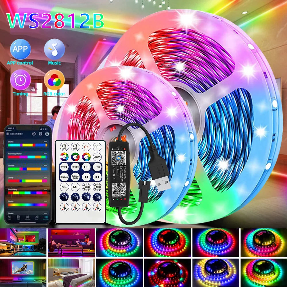 LED Strip RGB 5050 WS2812b Bluetooth App Control Chasing Effect Lights Flexible Tape Diode Ribbon TV BackLight Bedroom Decorate