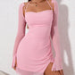 NewAsia Sweet Mesh Full Sleeve Pink Dress Women Sexy Solid Backless Bandage Mini Vestido Mujer Summer Vacation Party Club Outfit