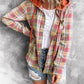 Women Autumn Hooded Collar Plaid Sweatshirt Tide Drawstring Loose Casual Hoodies Button With Chest-pocket